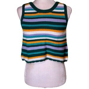 Women Colorful Striped Knit Sweater Tank Top Cropped Sleeveless Preppy Sz XS NEW